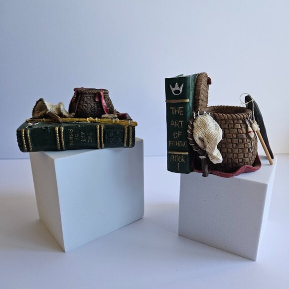 Vtg Fishing Desk Set Figurines with Tackle and Creel Small Resin Bookend - Picture 2 of 16
